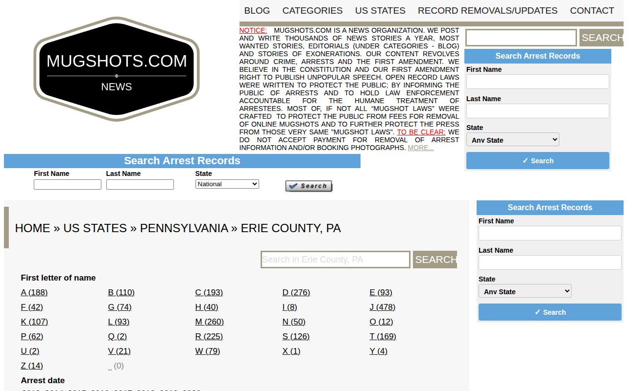 Unofficial Erie County mugshot publication page in the local news landscape