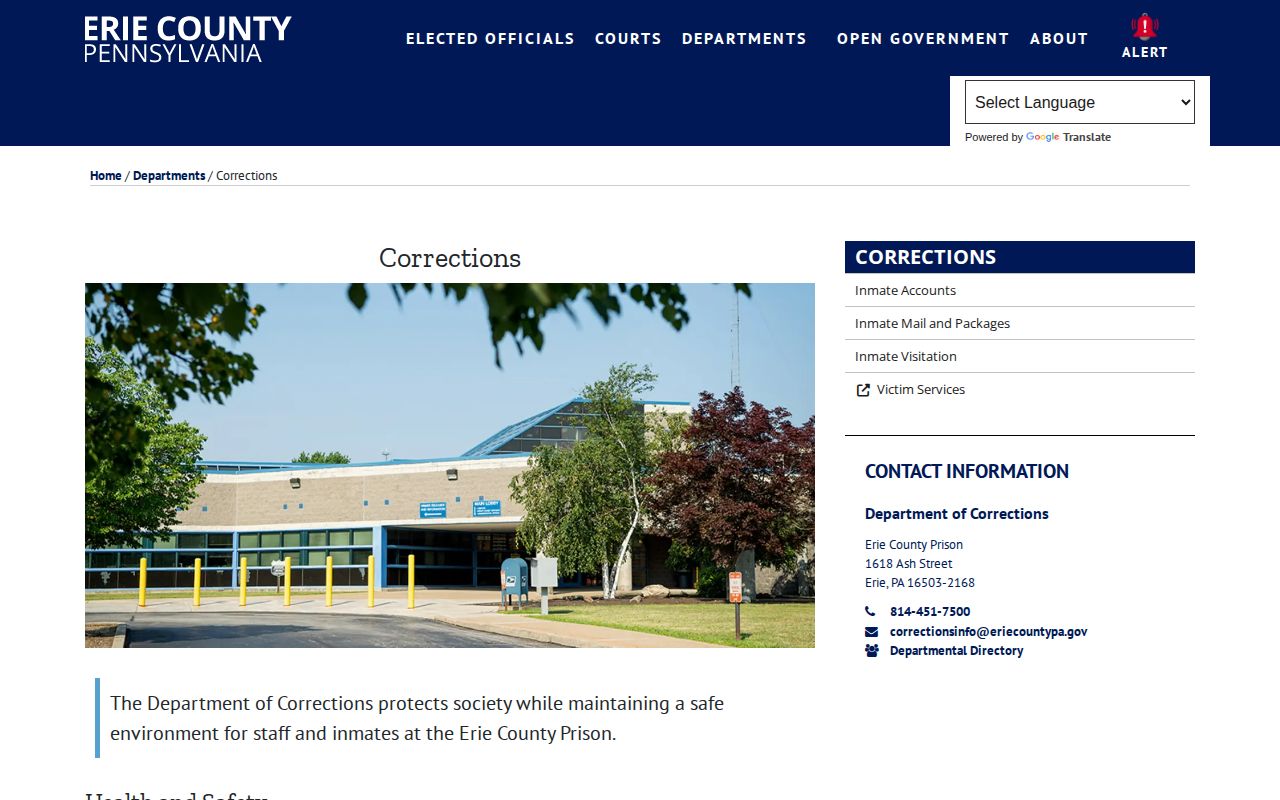 Erie County Prison official custody-information page for booking records