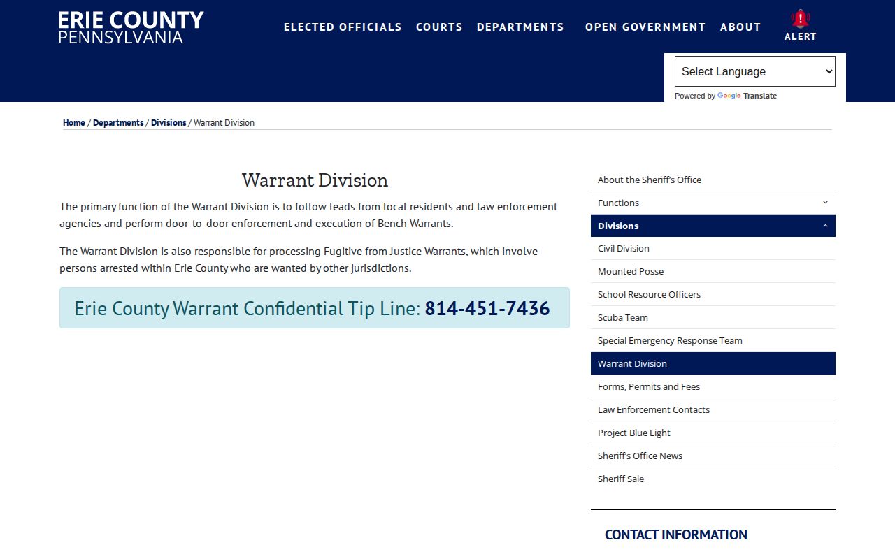 Erie County Warrant Division official contact and warrant-information page